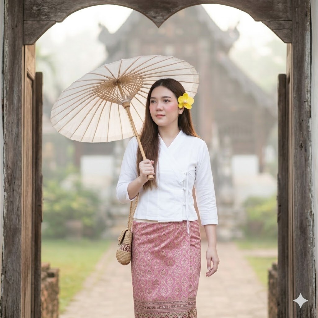 ภาพหญิงสาวสวมเสื้อพื้นเมืองผ้าฝ้าย