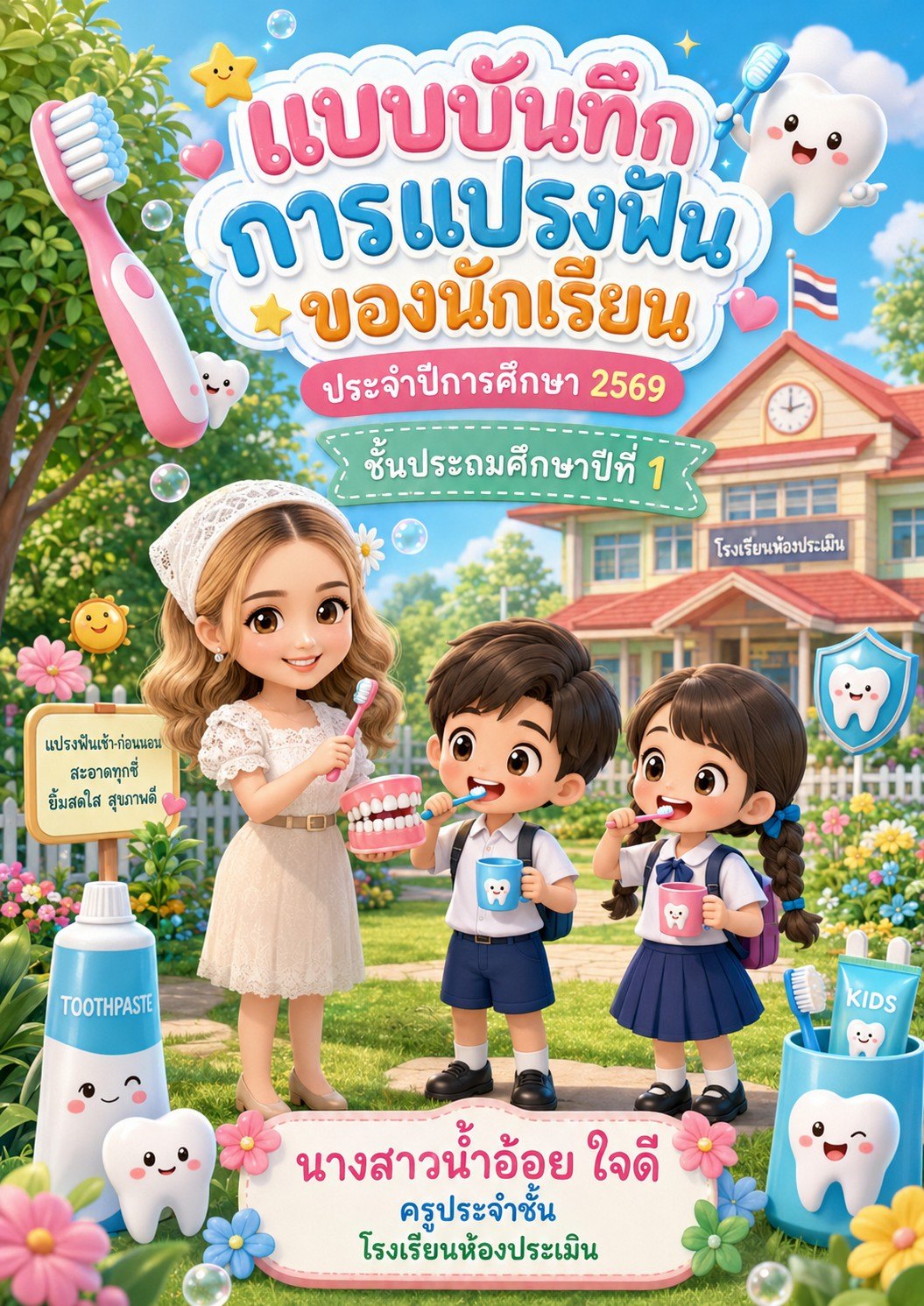ปกแบบบันทึกการแปรงฟันของนักเรียน สไตล์น่ารักสดใส การ์ตูน 3D